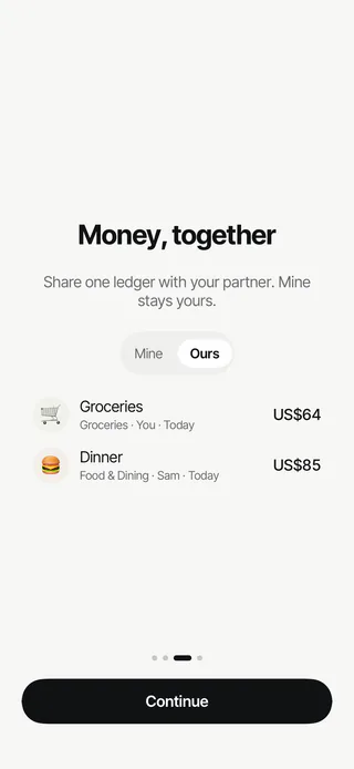 The Ours ledger: groceries you added for US$64 and dinner Sam added for US$85