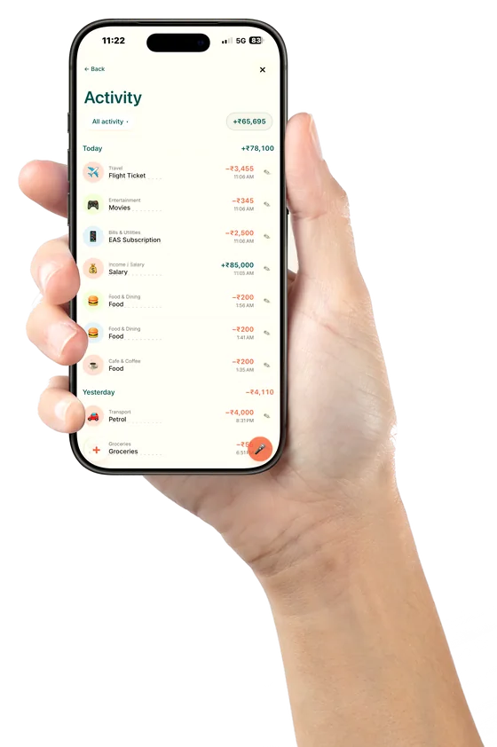 The Activity screen on an iPhone held in one hand, listing each transaction with its category, amount and time, grouped and totalled by day.