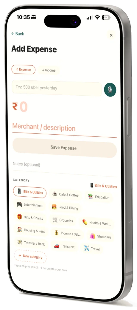 The TLDR Money Add Expense screen: an amount field, a merchant field, a microphone button for voice entry, and a grid of category chips.