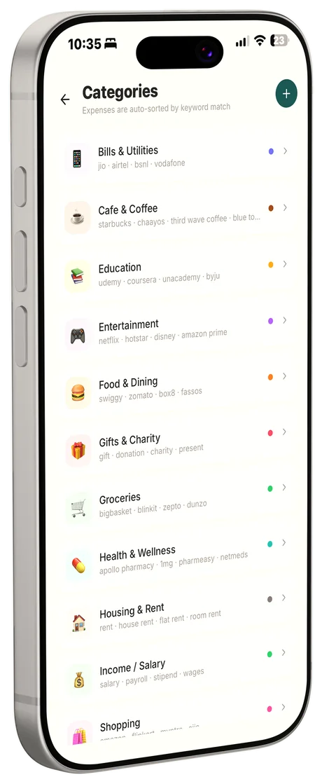 The TLDR Money Categories screen, listing categories such as Food and Dining and Transport, each with the merchant keywords that sort into it.